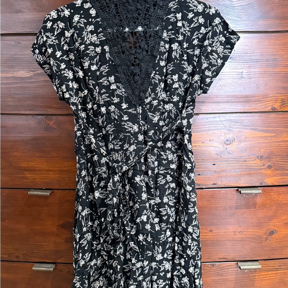 Angie Black Maxi Dress with White Floral Lace Inset